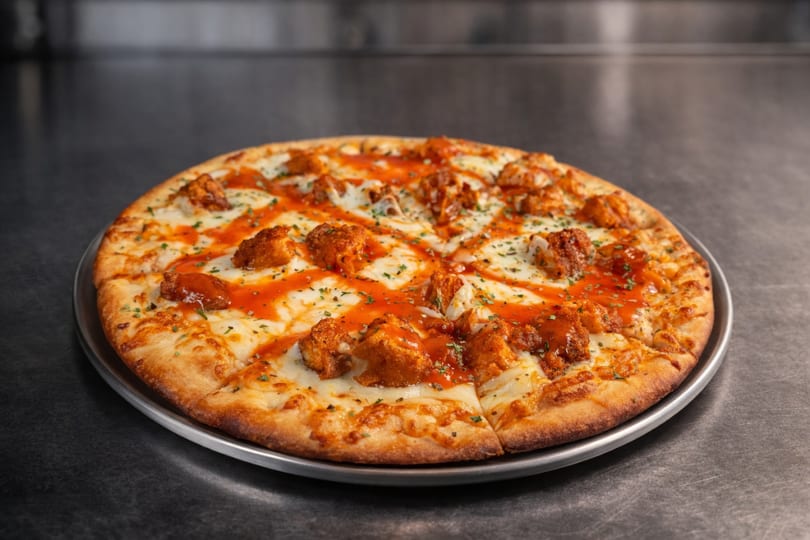 A whole buffalo chicken pizza with white cheese, orange sauce, and green herbs on a metal pan.