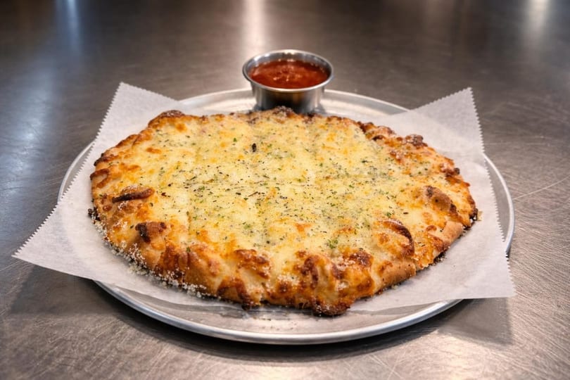 A cheesy garlic bread on a metal plate with a side of marinara sauce.